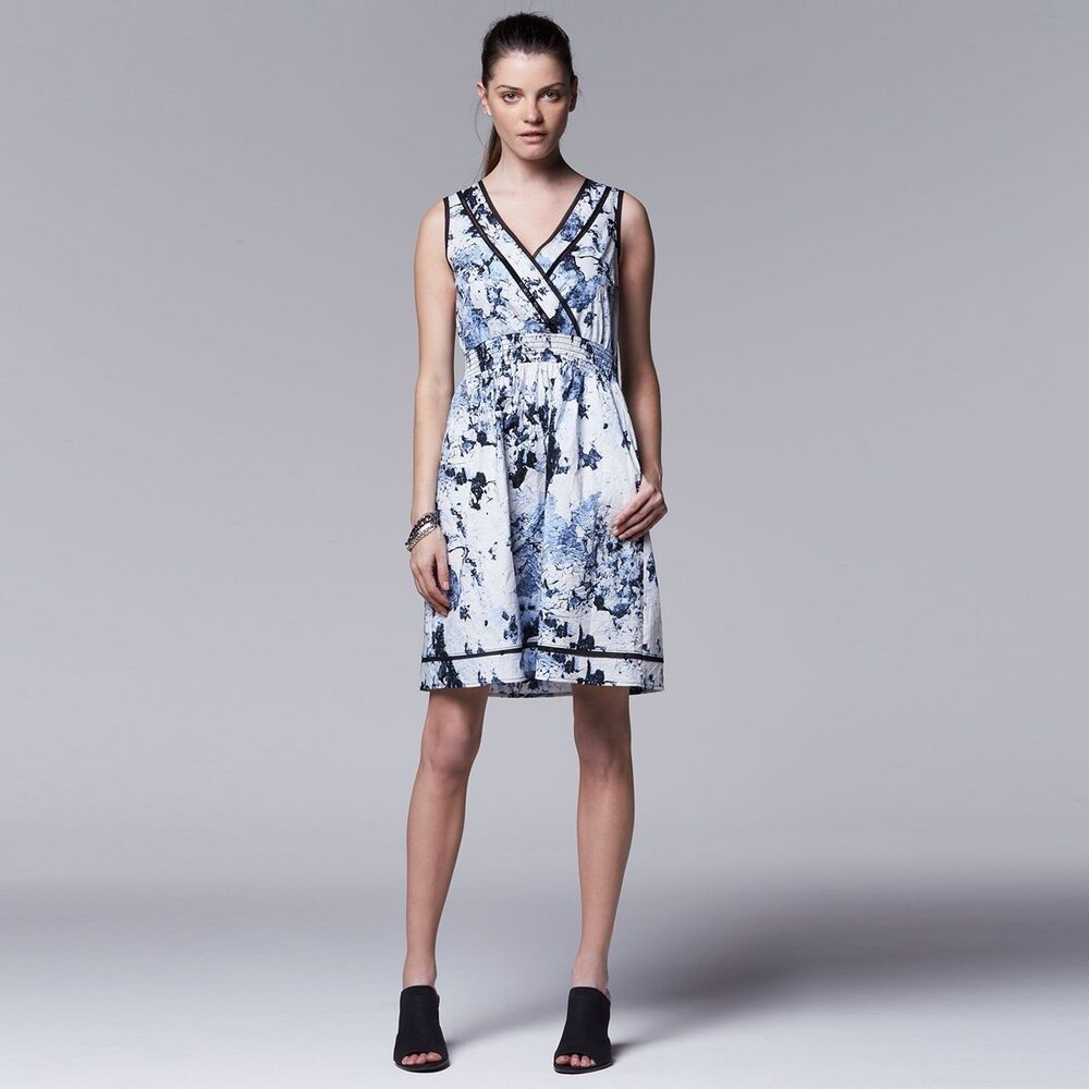 SIMPLY VERA WANG Women's PL Smocked Waist Print DRESS V-Neck wrap sleeveless